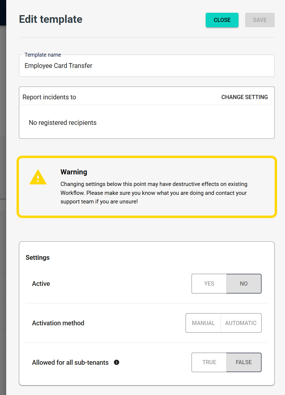 Configuration drawer after saving the template