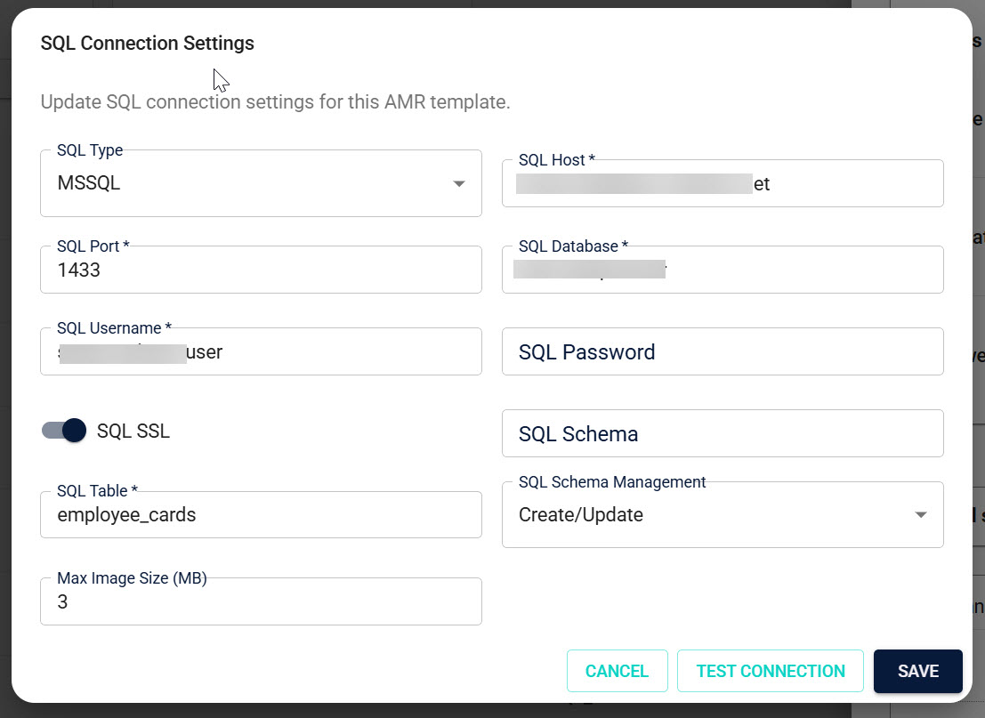 Edit SQL connection settings dialog