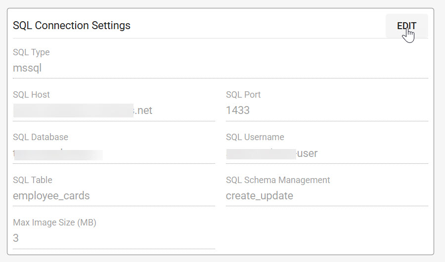 SQL Connection Settings card