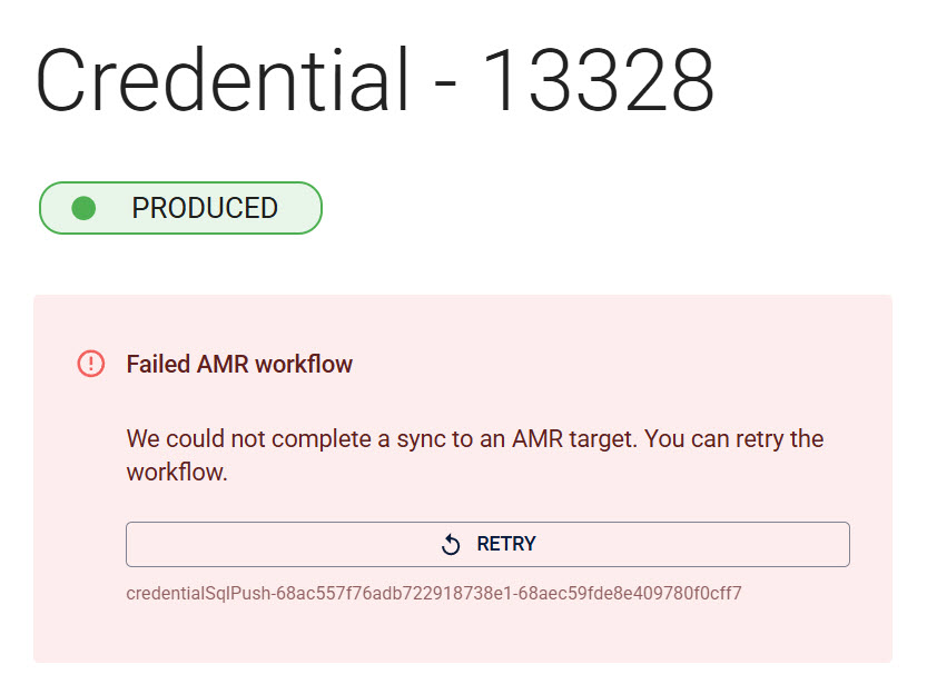 Credential page warning with Retry button for failed AMR SQL transfer