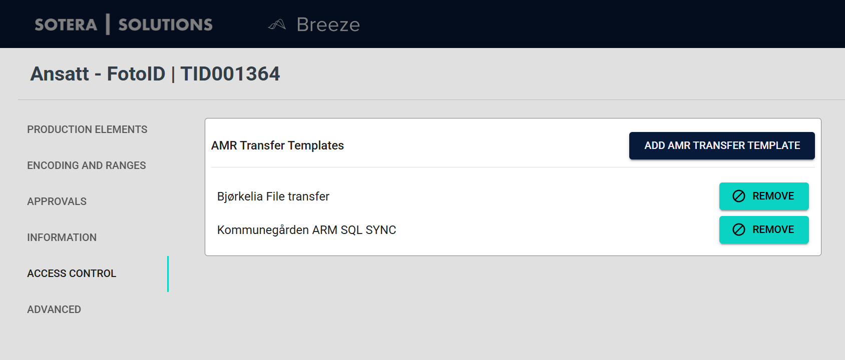 Access control tab showing AMR Transfer Templates connected to the Card Template