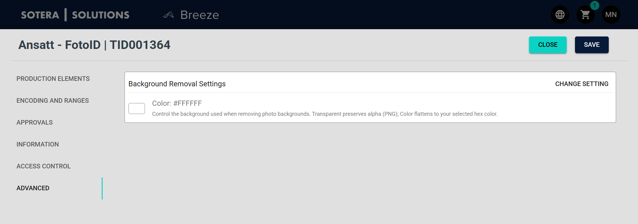 Advanced tab showing background removal settings for the Card Template