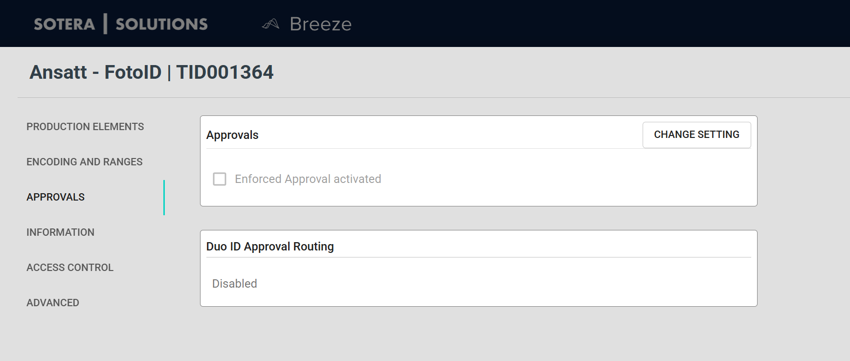 Approvals tab showing the Duo ID Approval Routing section in the Disabled state