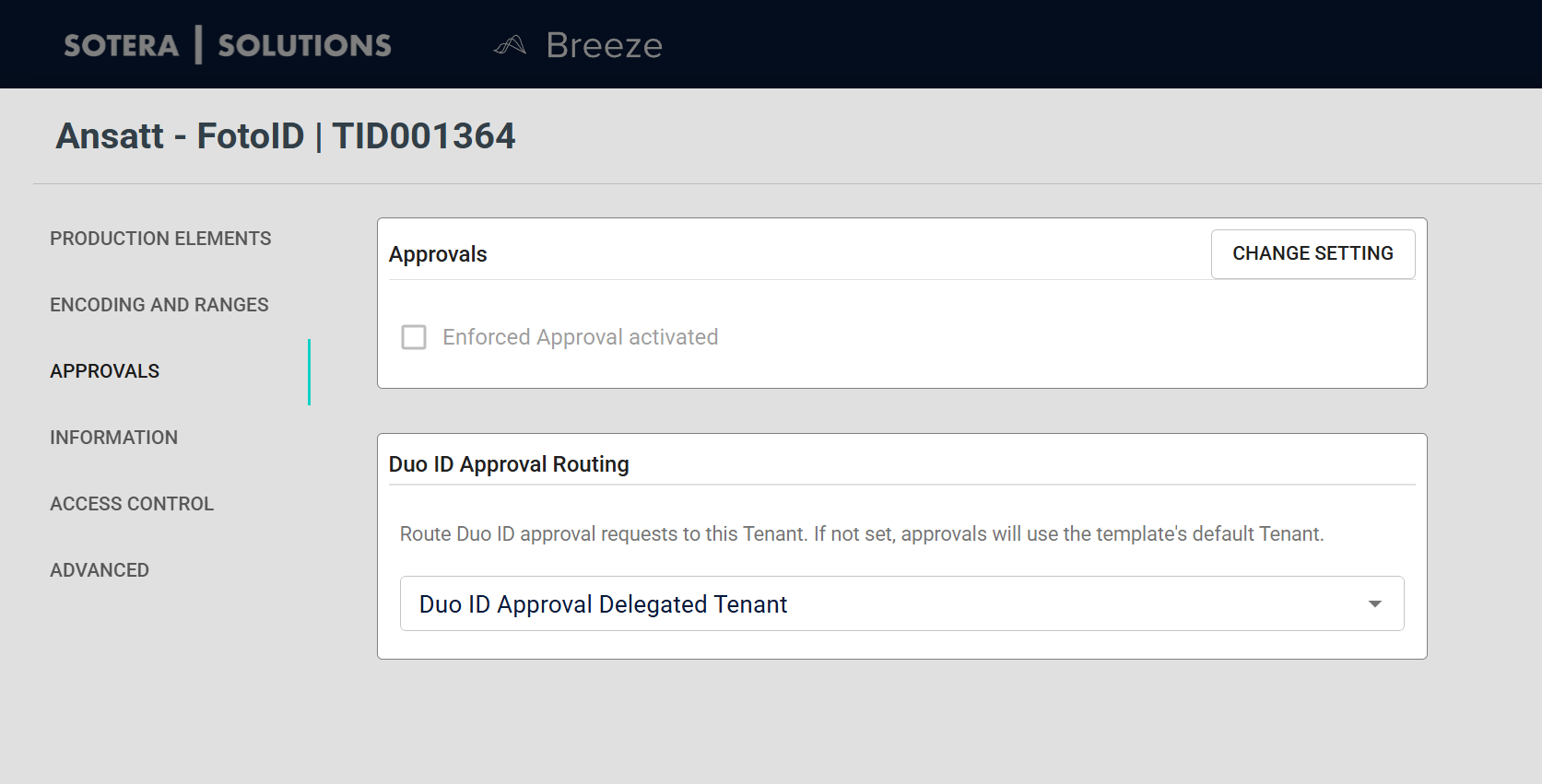 Approvals tab showing the Duo ID Approval Routing section with the delegated tenant dropdown