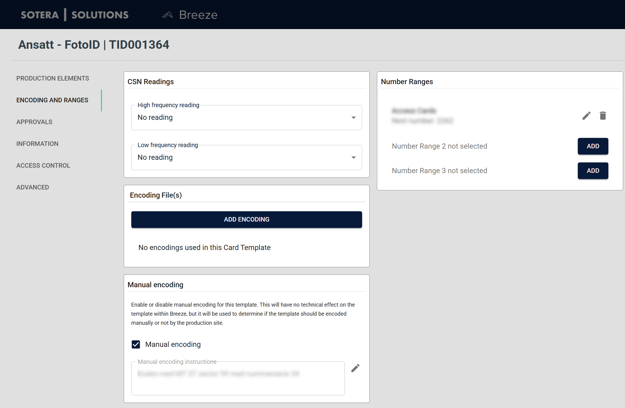 Encoding and ranges tab showing CSN readings, number ranges, formulas, and manual encoding