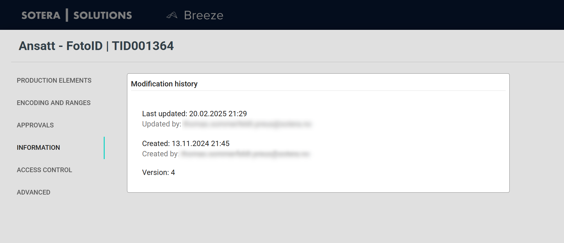Information tab showing modification history for the Card Template