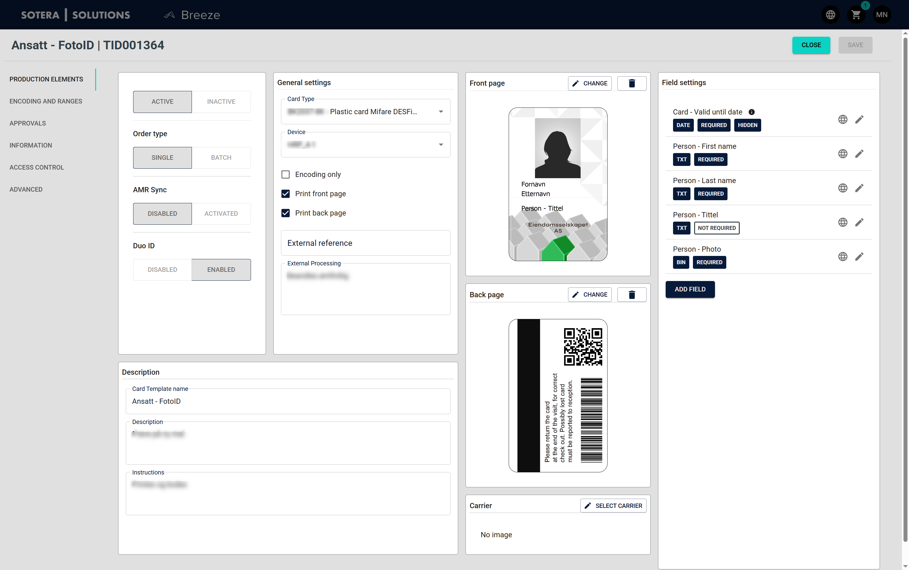 Card Template editor showing the Production elements tab with status toggles, card layouts, and field settings