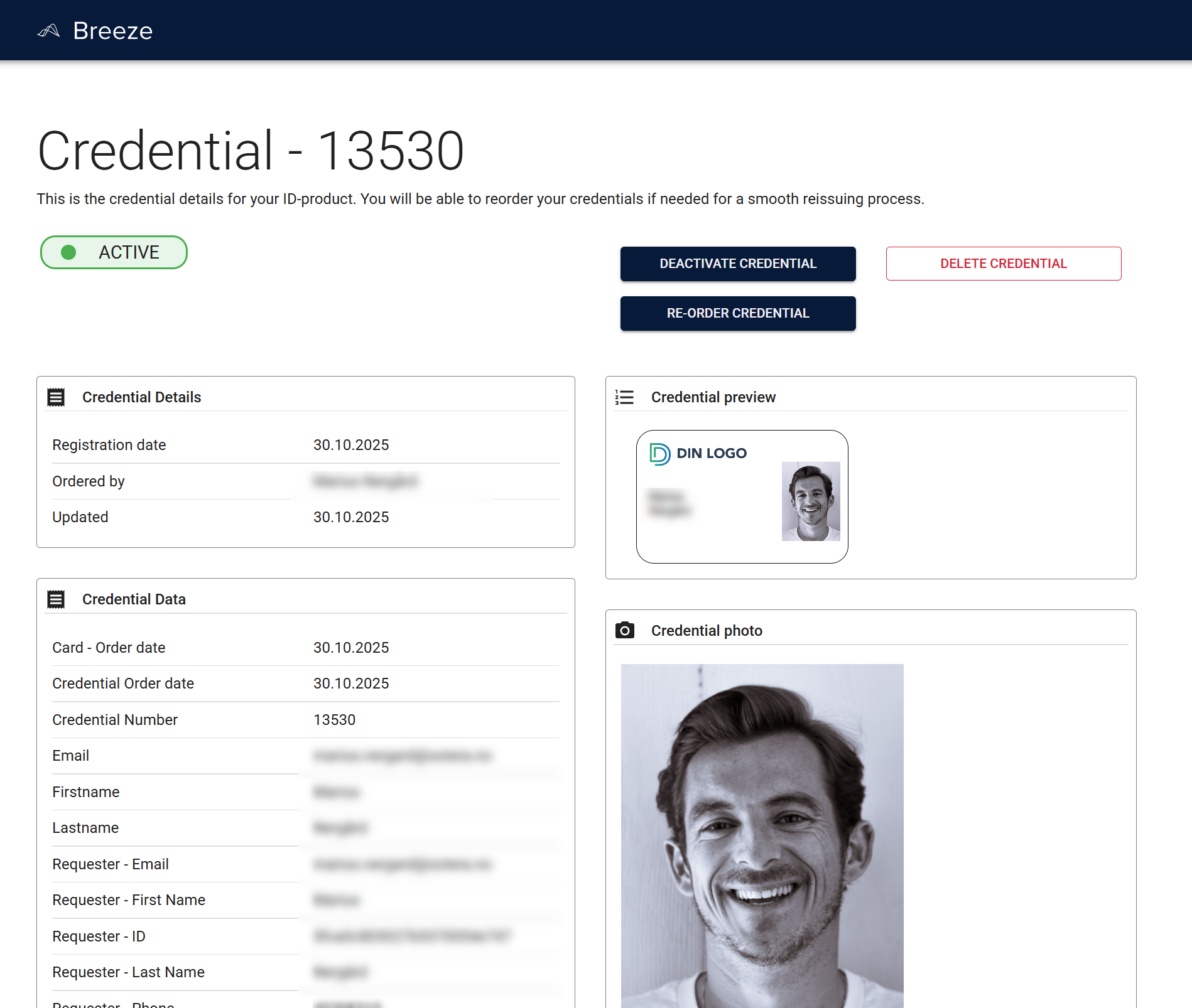 Active Credential details page showing green Active status and available actions