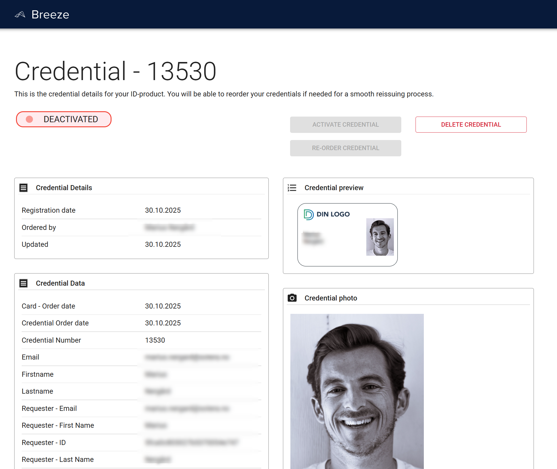Deactivated Credential details page showing yellow Deactivated status