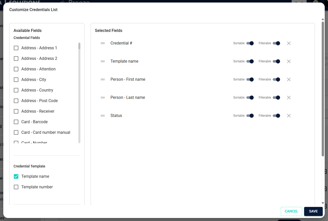 Credentials List Customization Interface