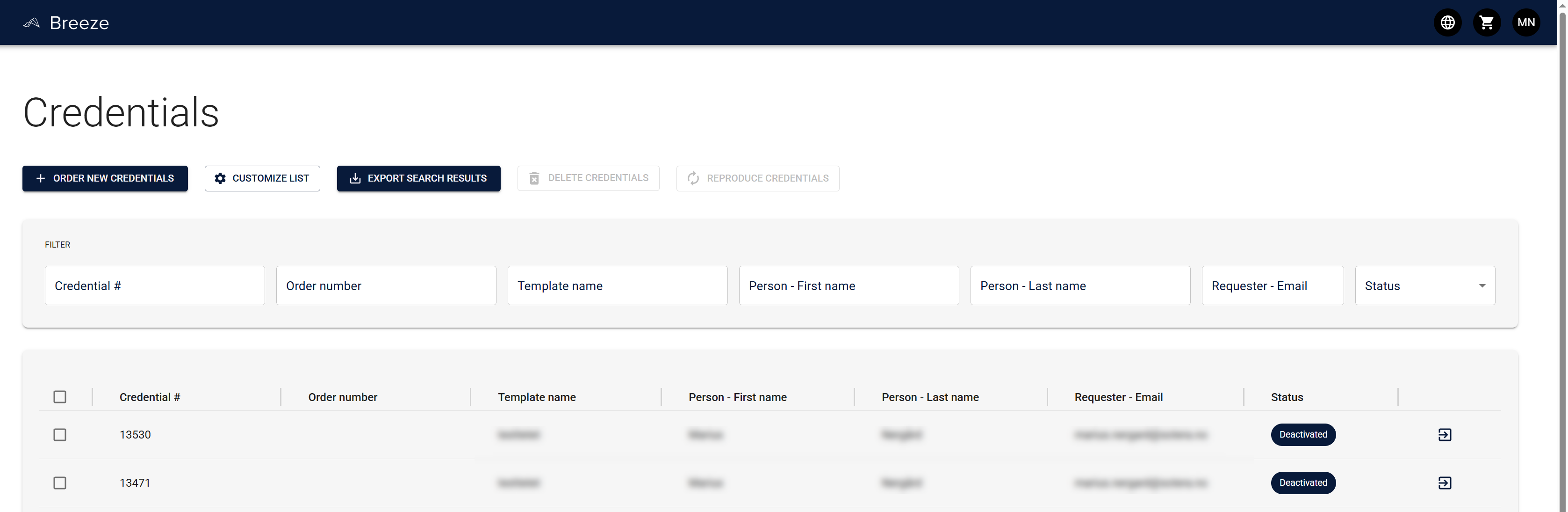 Credentials list showing different statuses