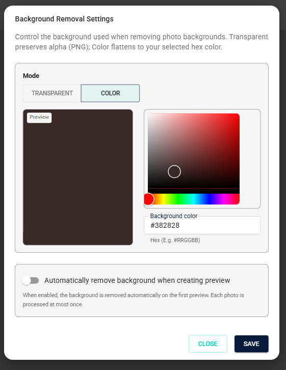 Background Removal Settings dialog showing Mode and Auto-remove options, with Auto-remove set to Enabled
