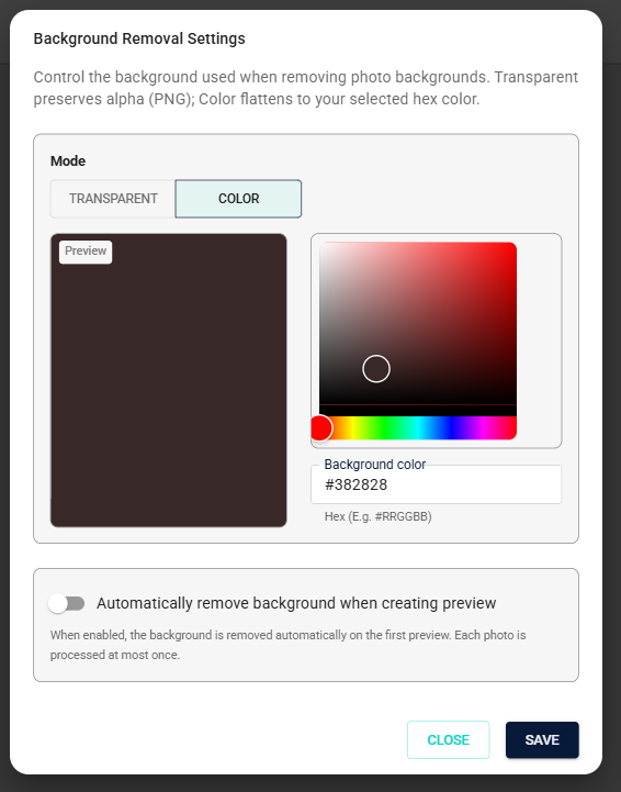 Background Removal Settings dialog showing Mode and Auto-remove options, with Auto-remove set to Enabled