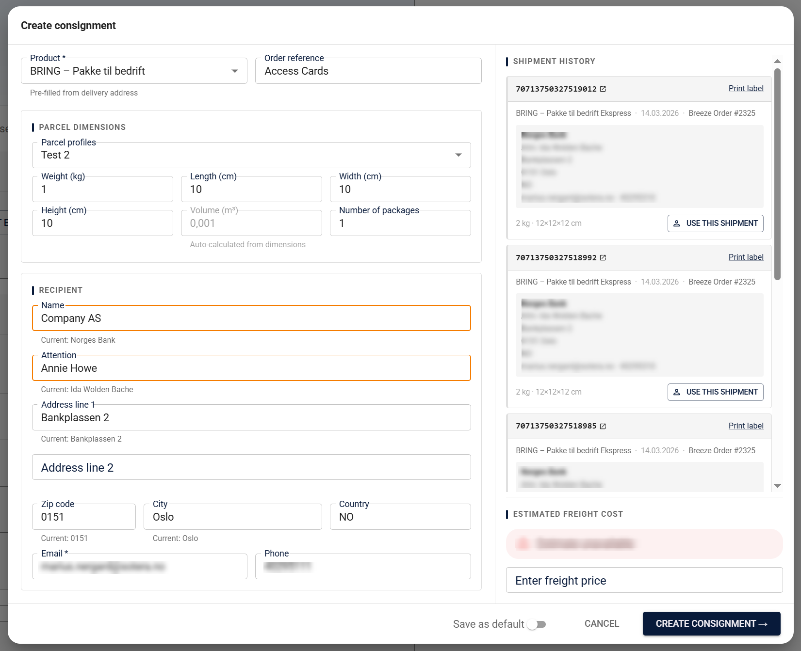 Create Consignment dialog