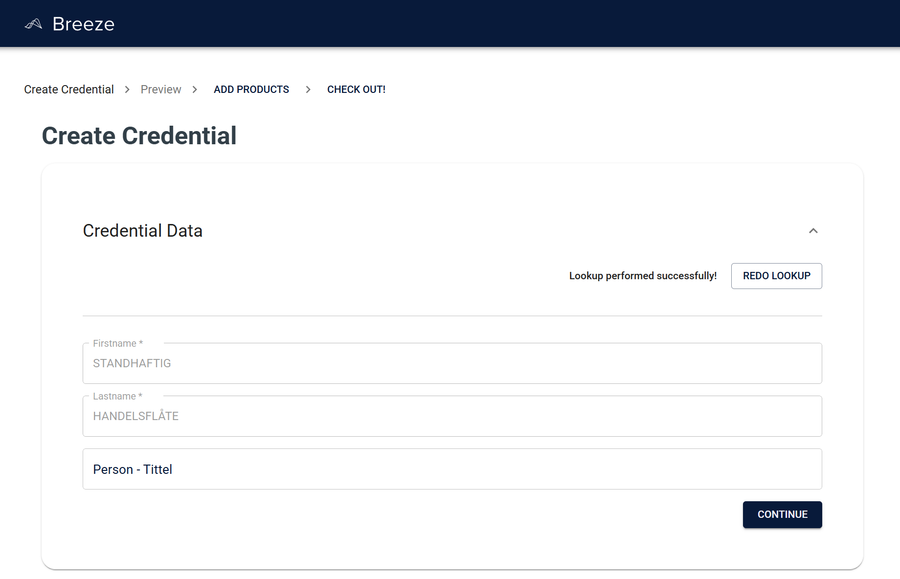 Successful external data lookup with populated Credential fields