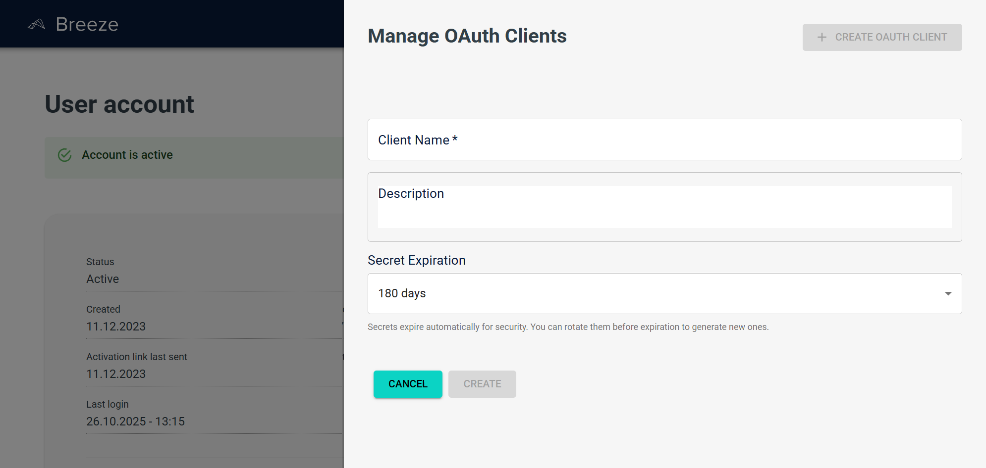 Create OAuth client form