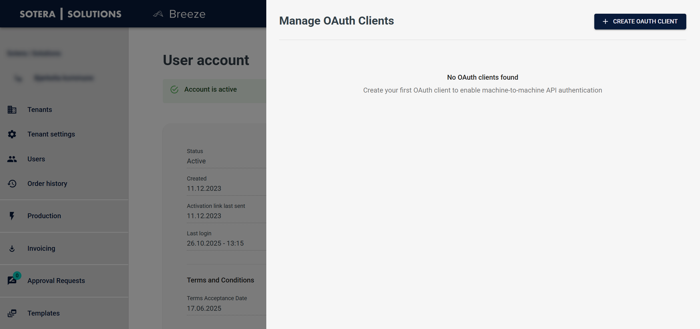 OAuth client management drawer empty state
