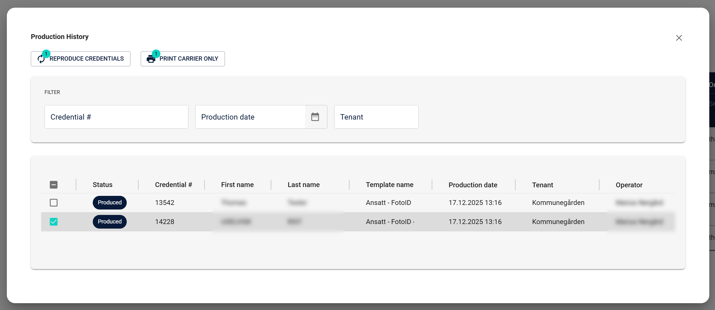 Production History dialog showing filtering fields such as Credential number, Production date, and Tenant