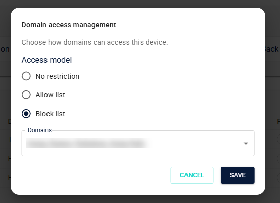 Domain Access dialog showing allow/block/no-restriction toggle