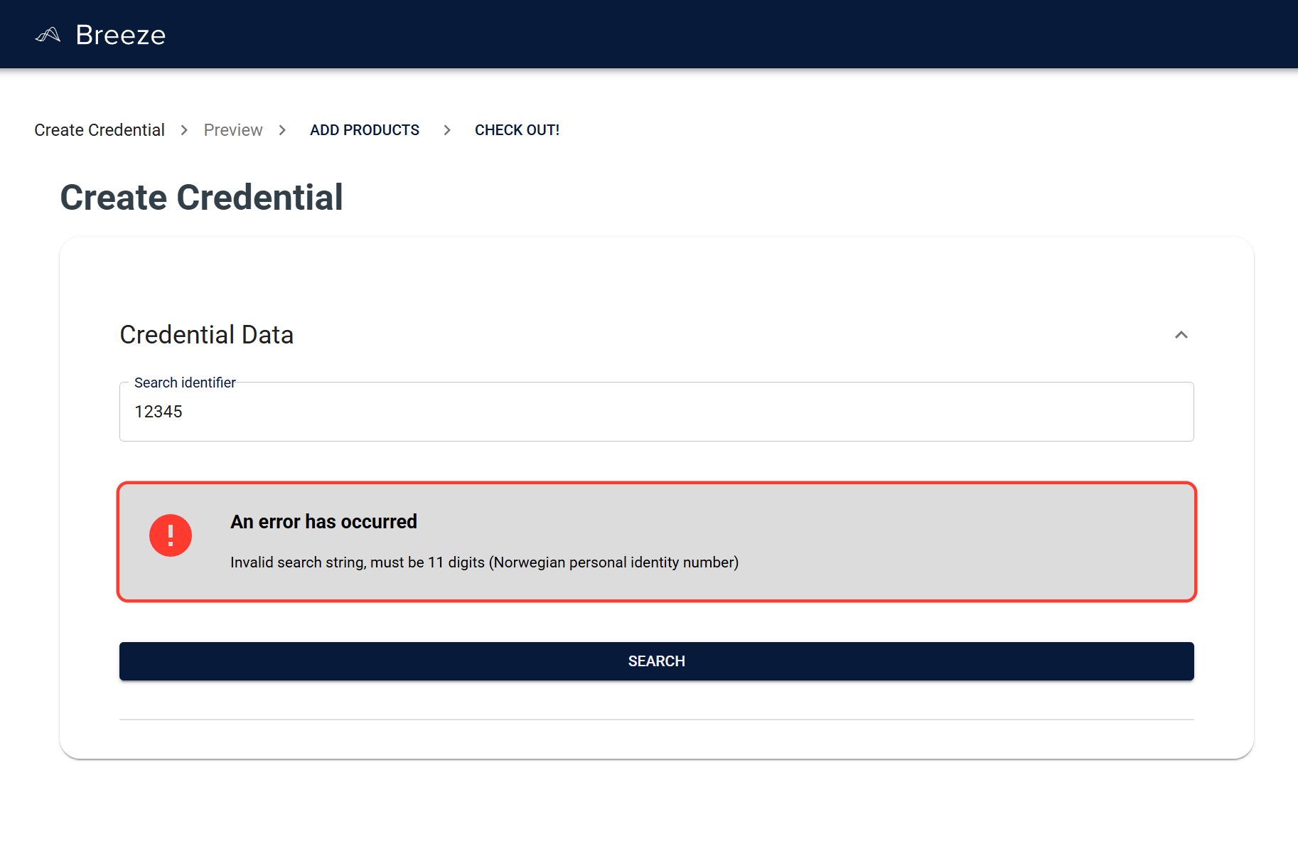 Error message displayed when entering invalid person number format