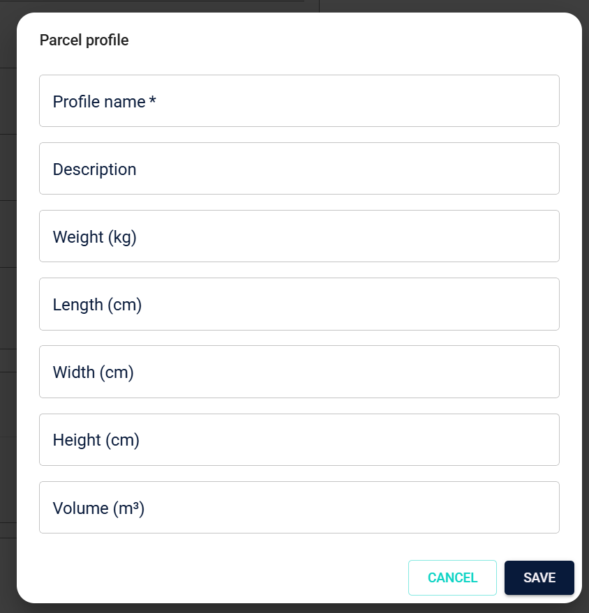 Create parcel profile form with name and dimension fields