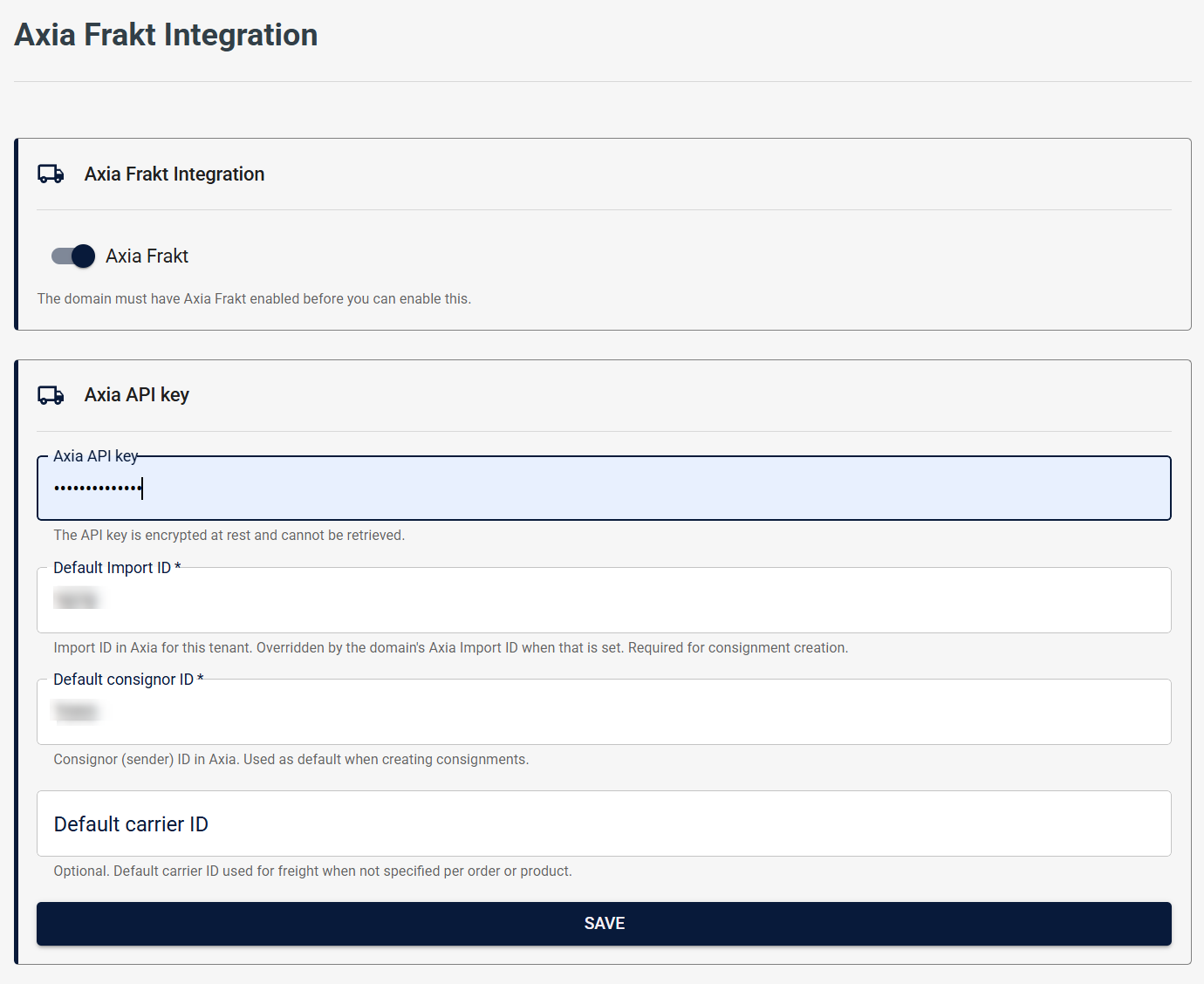 Axia settings panel in Tenant Settings → Delivery