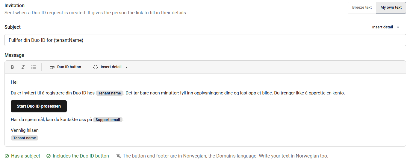 The editor with a subject, formatting toolbar, details shown by name, the Duo ID button, and the checks below the message