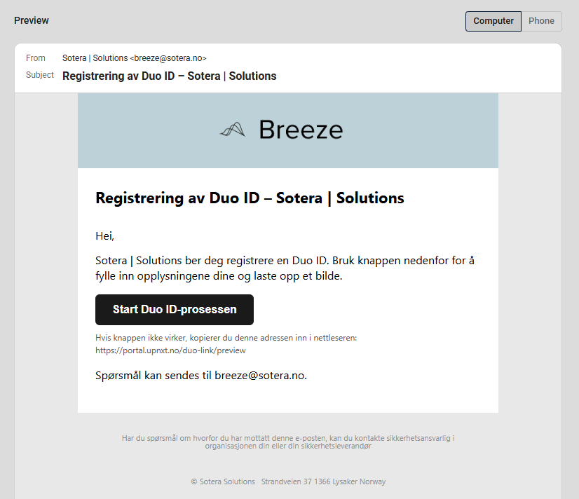 The preview showing the complete email, from the logo at the top to the footer