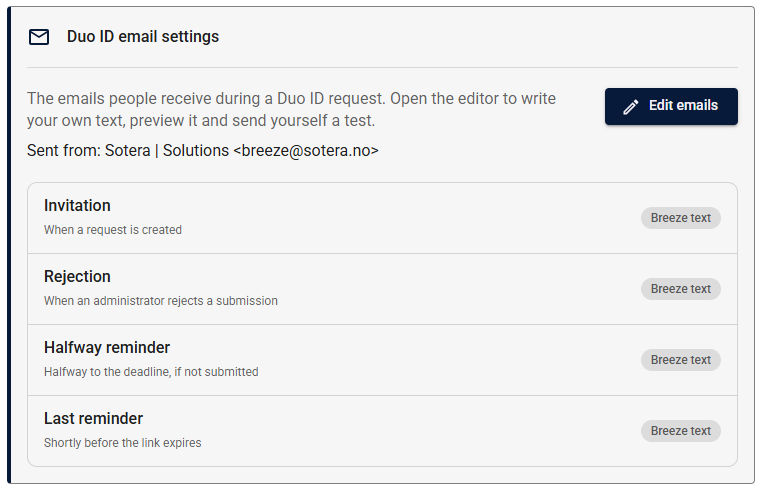 The Duo ID email settings section on the Approvals settings tab, listing the four emails and which text each uses