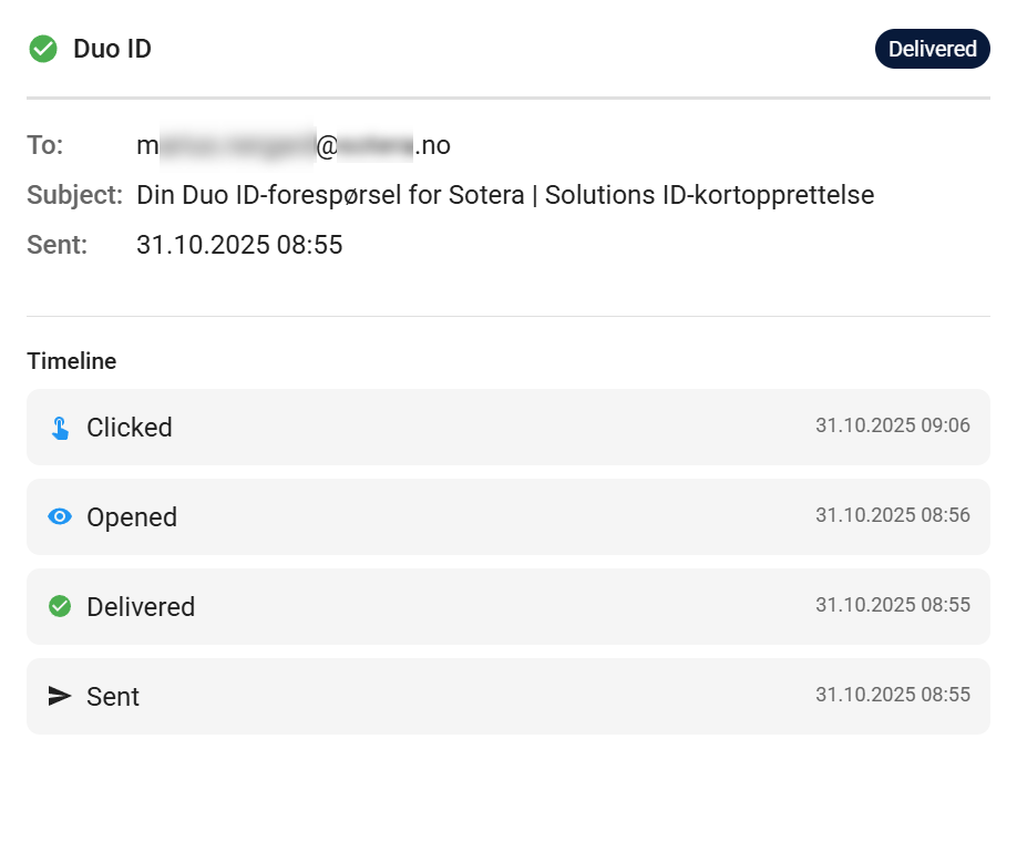 Email timeline showing complete progression: Sent, Delivered, Opened, and Clicked