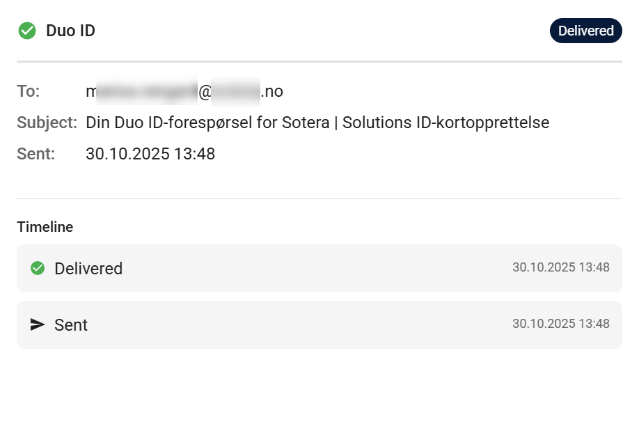 Email details view showing recipient, subject, sent time, and timeline for a delivered email