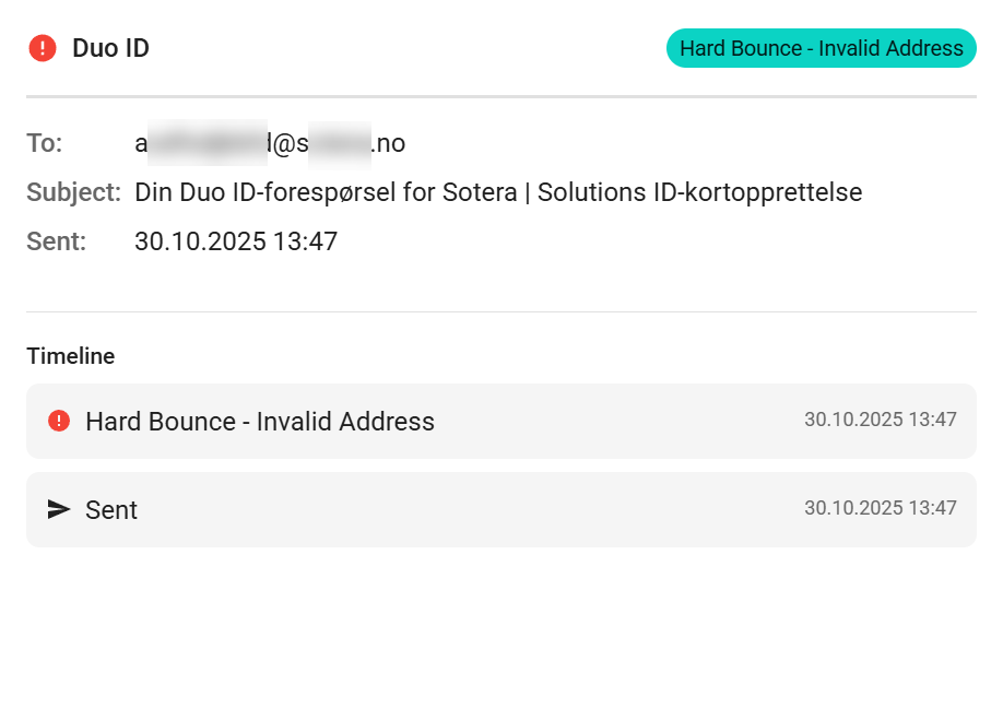 Email details showing Hard Bounce status in the timeline