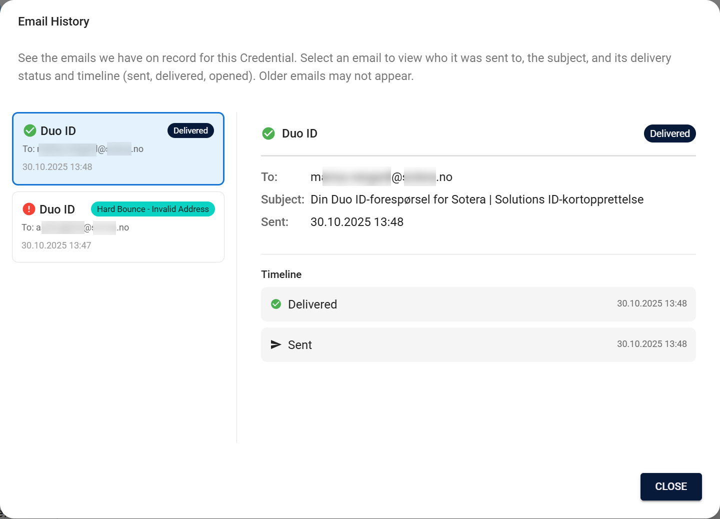 Email History dialog showing list of emails