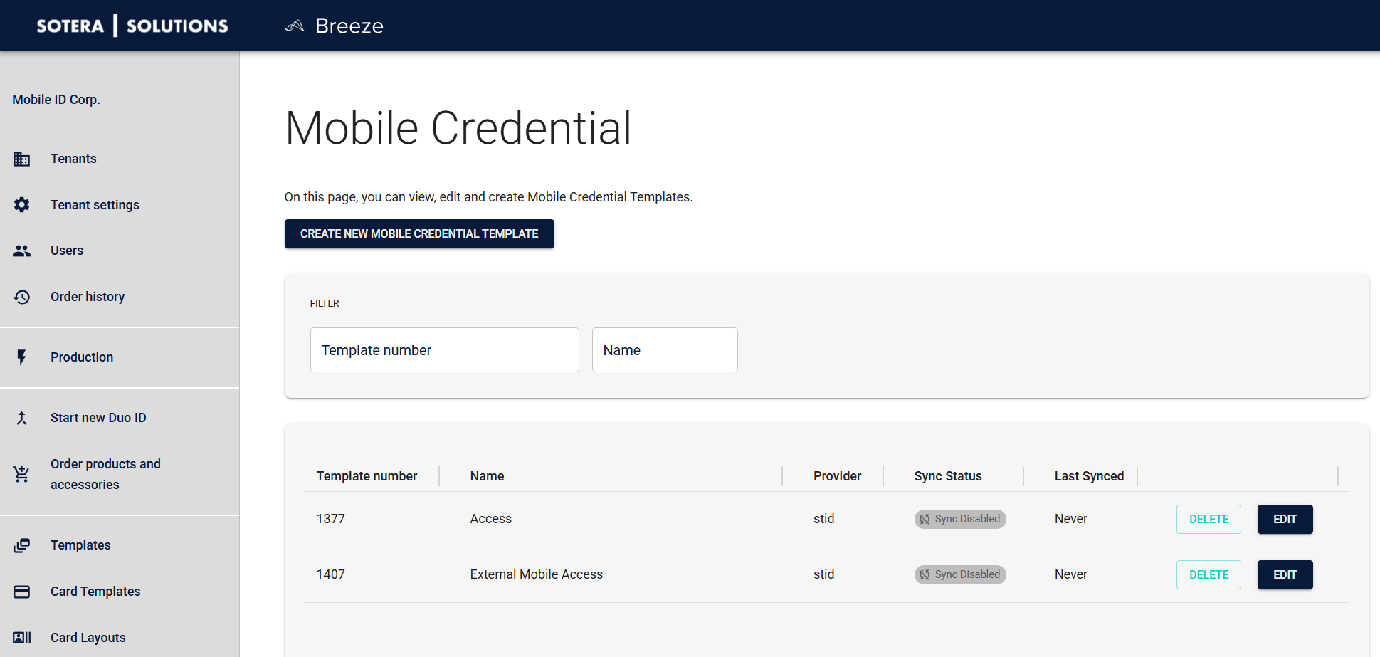 Mobile Credential Templates List View