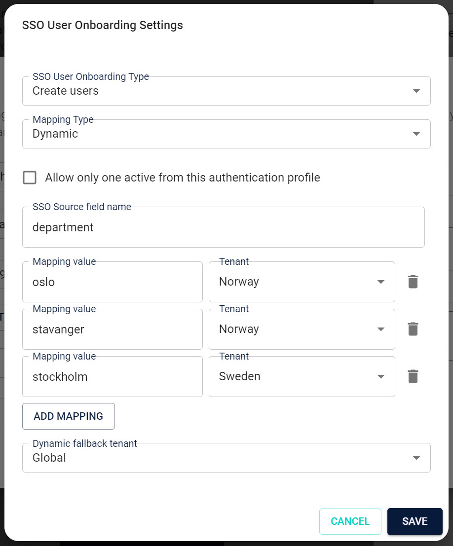 Screenshot of the dynamic mapping configuration