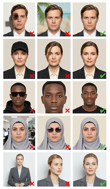 Five people, each shown in two photos that are not approved and one photo that is approved