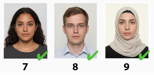 Examples of acceptable ID photos showing proper lighting, clear glasses, and correctly worn religious head covering
