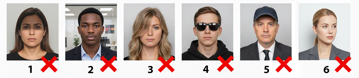 Examples of unacceptable photos showing shadows, busy backgrounds, hair covering face, sunglasses, hats, and incorrect head position