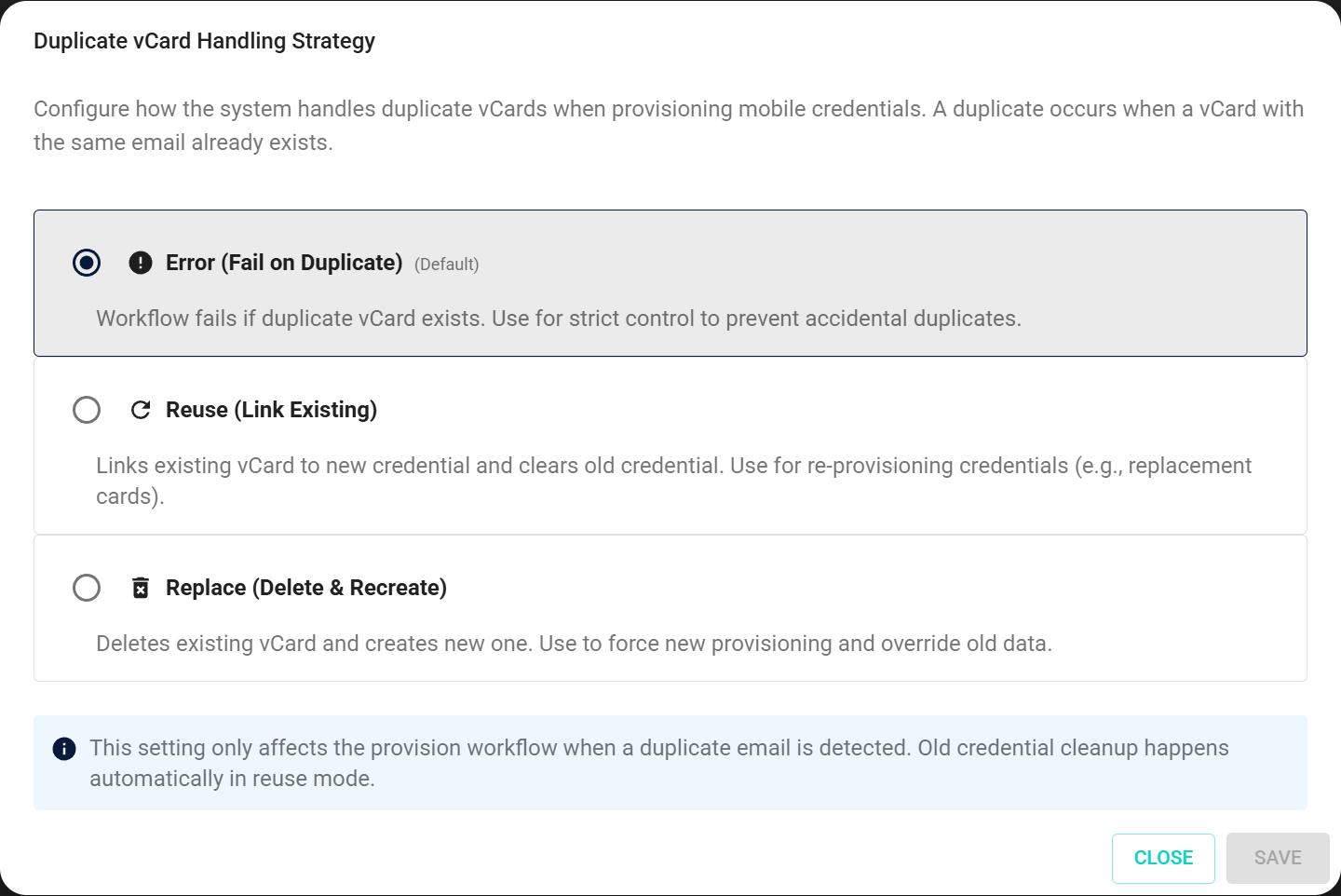 Duplicate vCard Handling dialog
